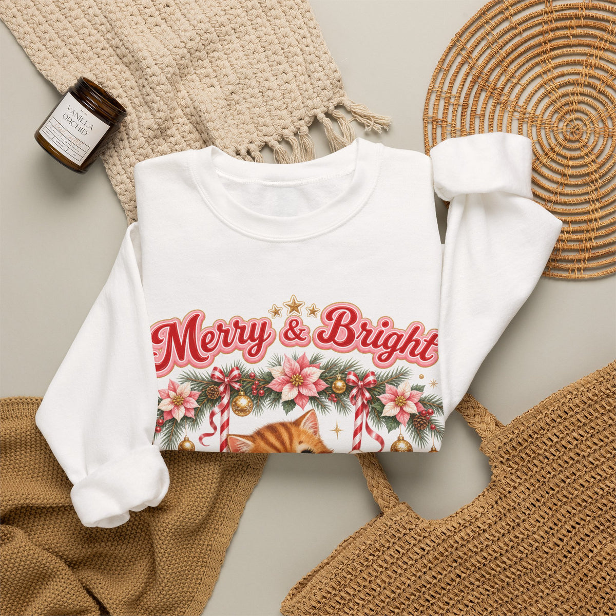 Merry & Bright Christmas Sweatshirt, Vintage Kitten Christmas Jumper