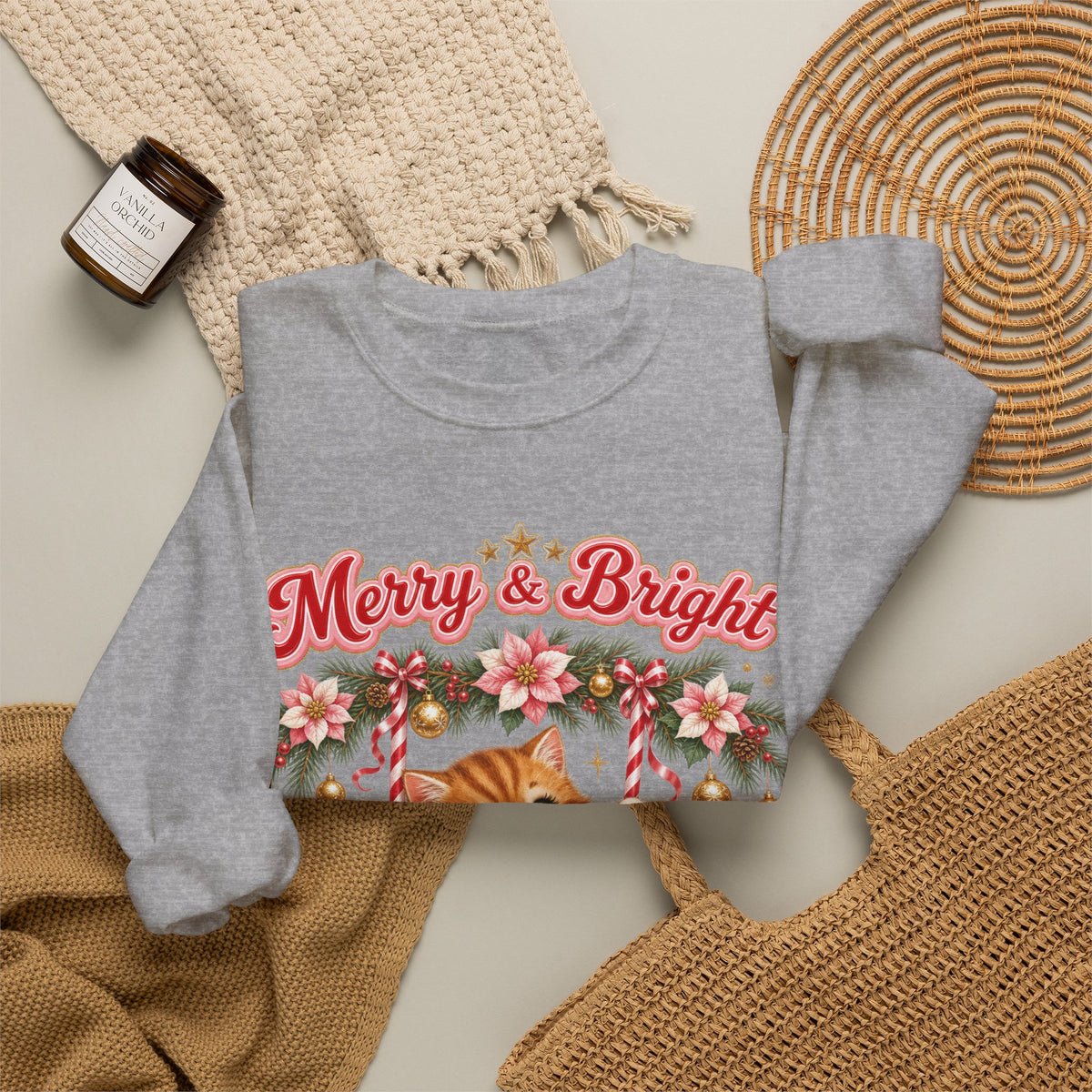 Merry & Bright Christmas Sweatshirt, Vintage Kitten Christmas Jumper