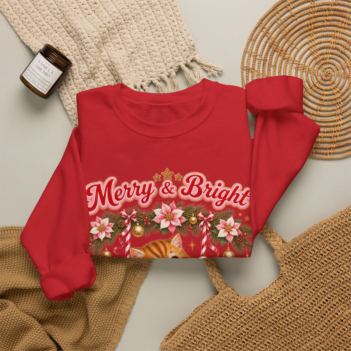 Merry & Bright Christmas Sweatshirt, Vintage Kitten Christmas Jumper