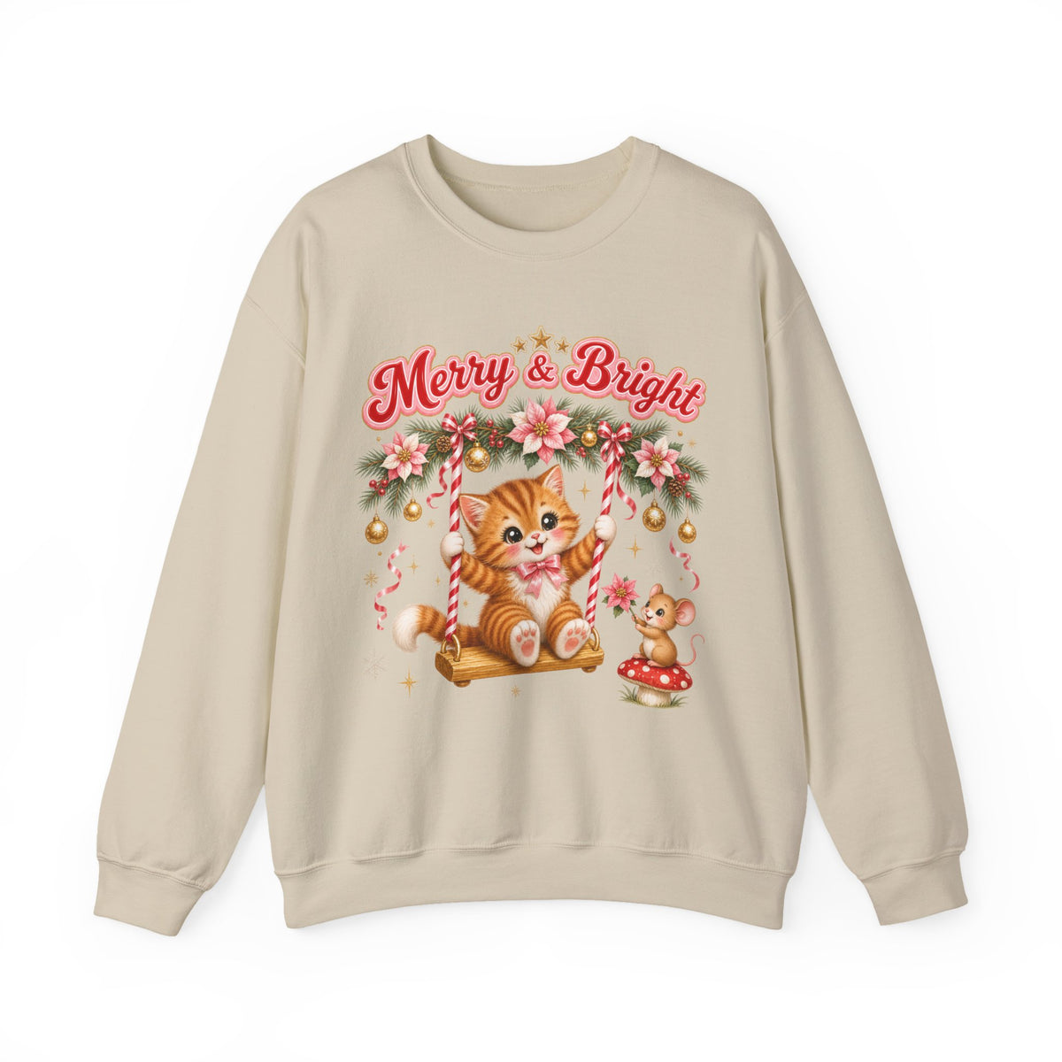 Merry & Bright Christmas Sweatshirt, Vintage Kitten Christmas Jumper