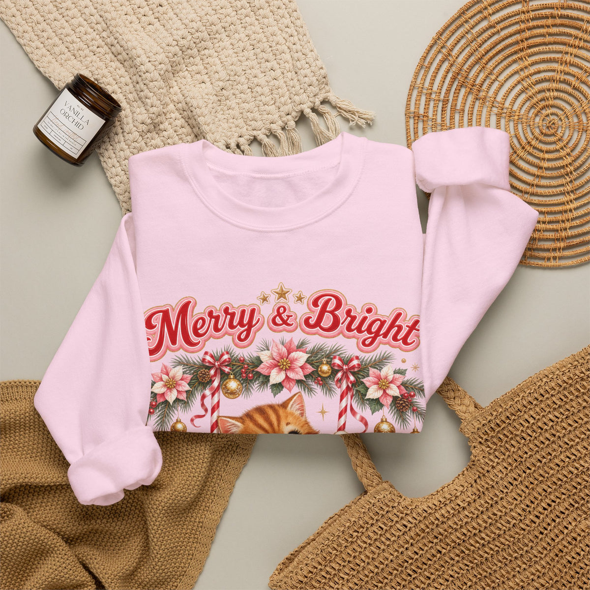 Merry & Bright Christmas Sweatshirt, Vintage Kitten Christmas Jumper
