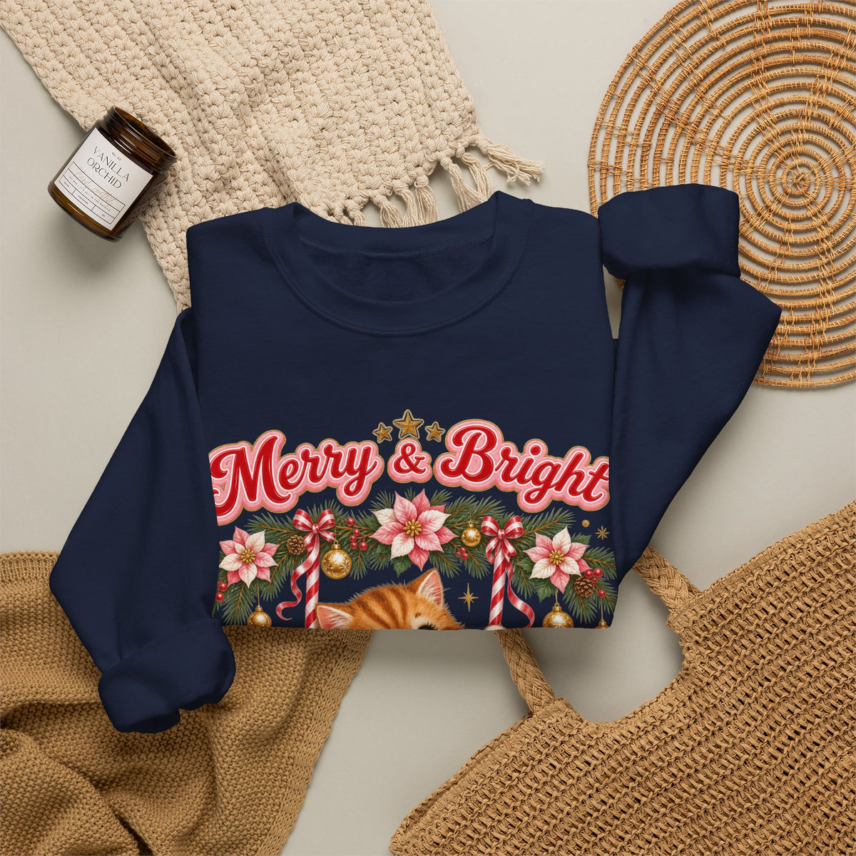 Merry & Bright Christmas Sweatshirt, Vintage Kitten Christmas Jumper