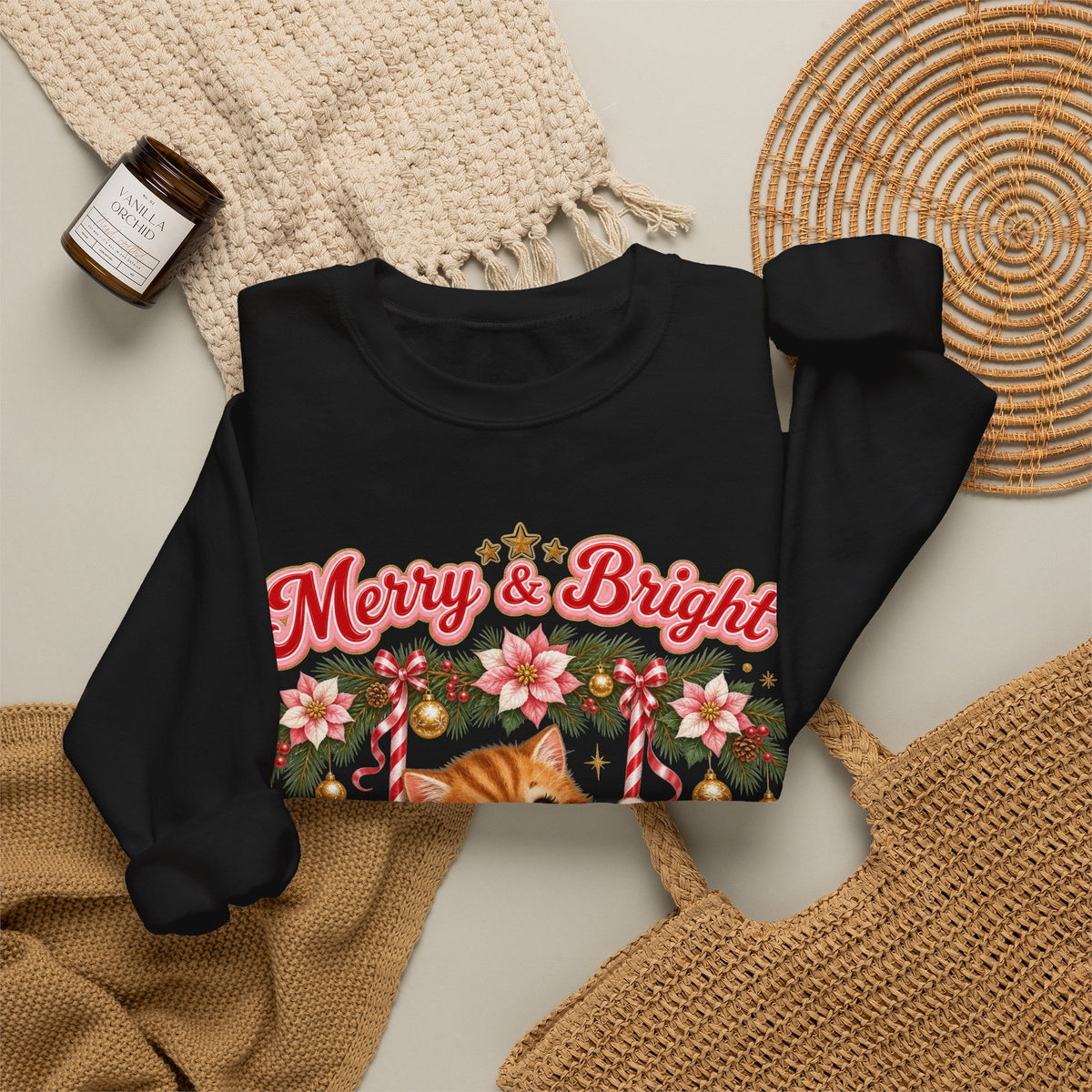 Merry & Bright Christmas Sweatshirt, Vintage Kitten Christmas Jumper
