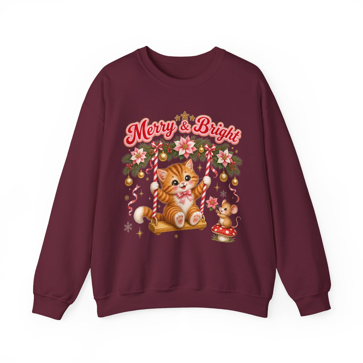 Merry & Bright Christmas Sweatshirt, Vintage Kitten Christmas Jumper