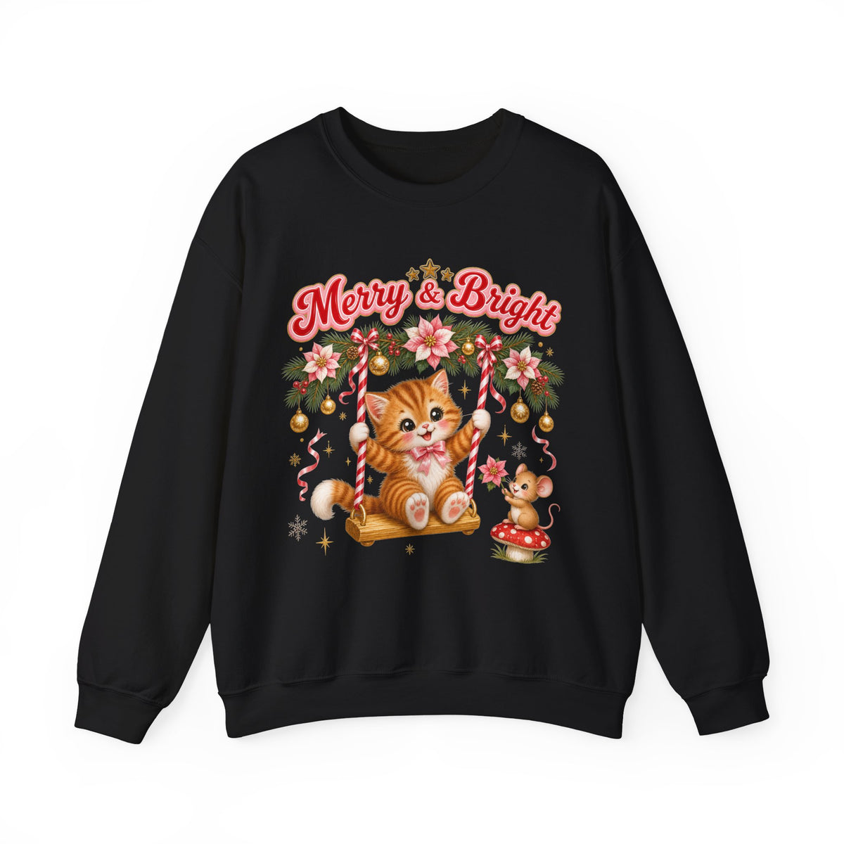 Merry & Bright Christmas Sweatshirt, Vintage Kitten Christmas Jumper