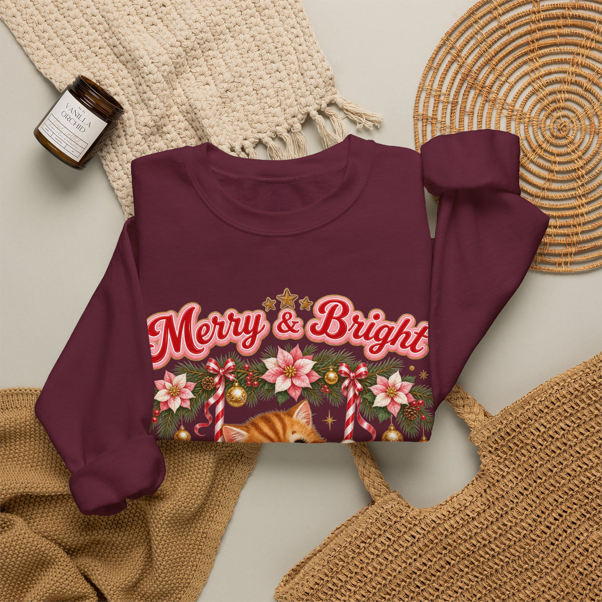 Merry & Bright Christmas Sweatshirt, Vintage Kitten Christmas Jumper