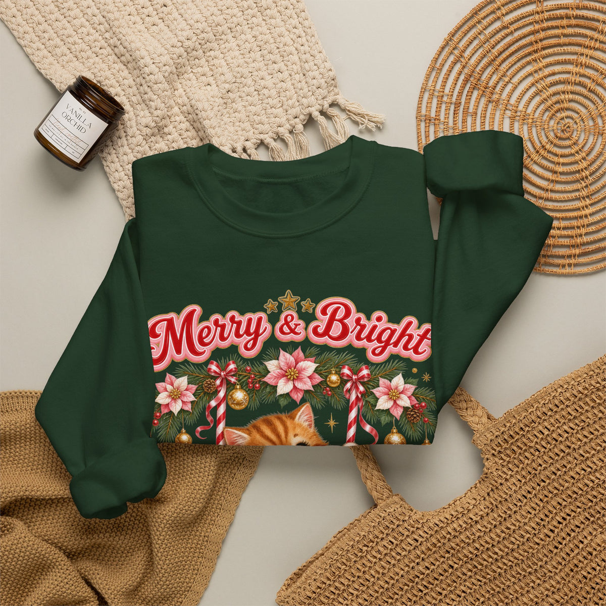 Merry & Bright Christmas Sweatshirt, Vintage Kitten Christmas Jumper