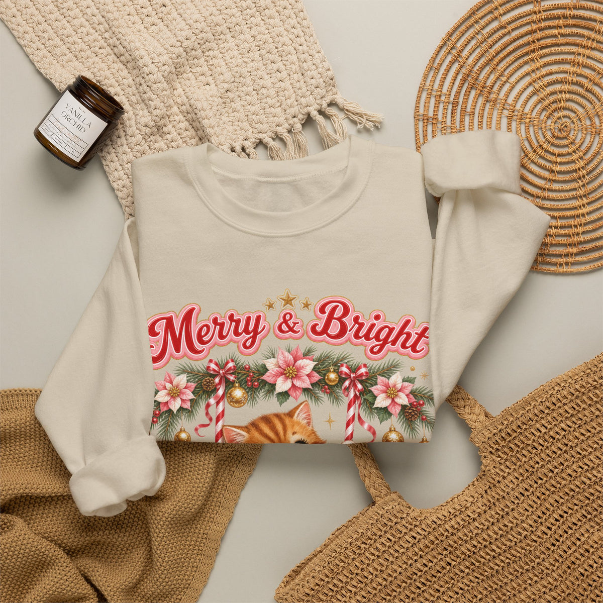 Merry & Bright Christmas Sweatshirt, Vintage Kitten Christmas Jumper