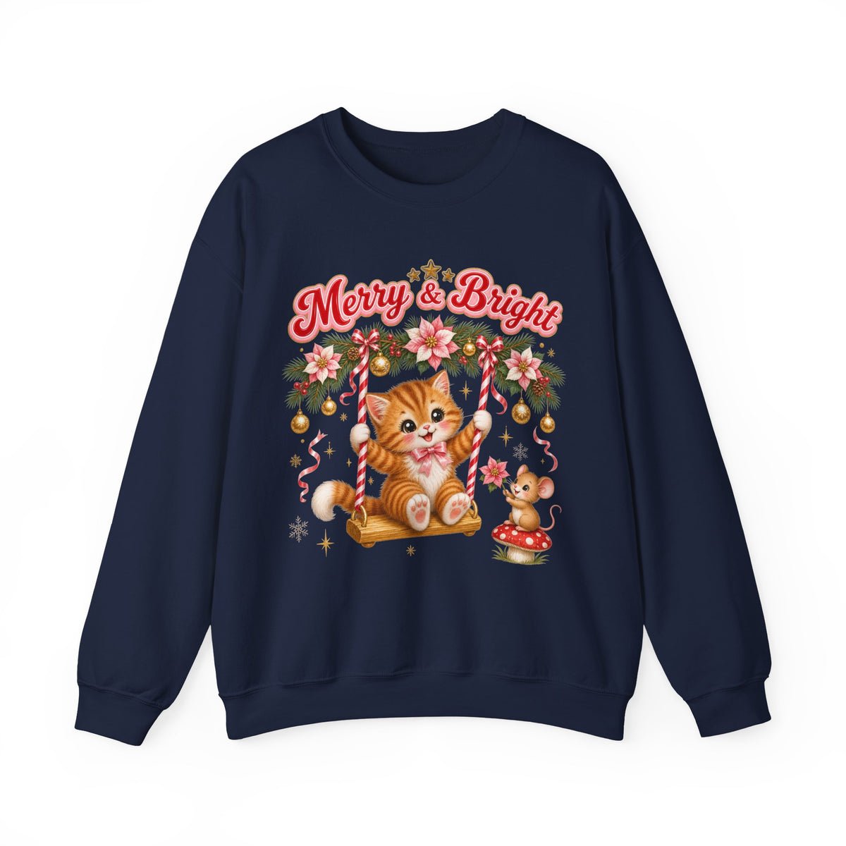 Merry & Bright Christmas Sweatshirt, Vintage Kitten Christmas Jumper