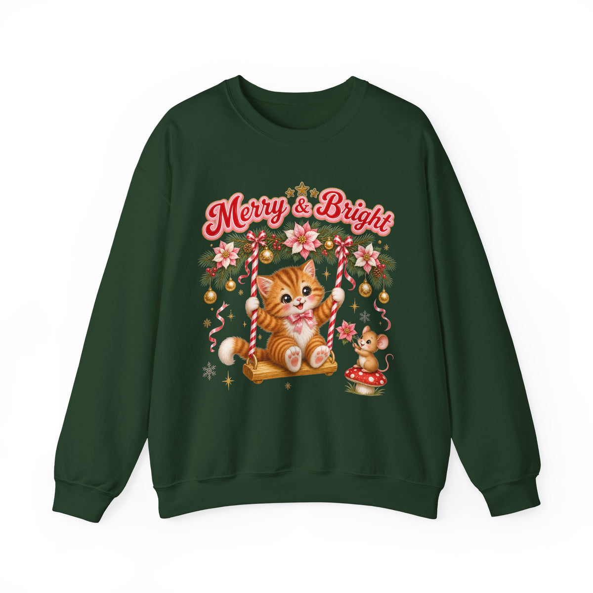 Merry & Bright Christmas Sweatshirt, Vintage Kitten Christmas Jumper