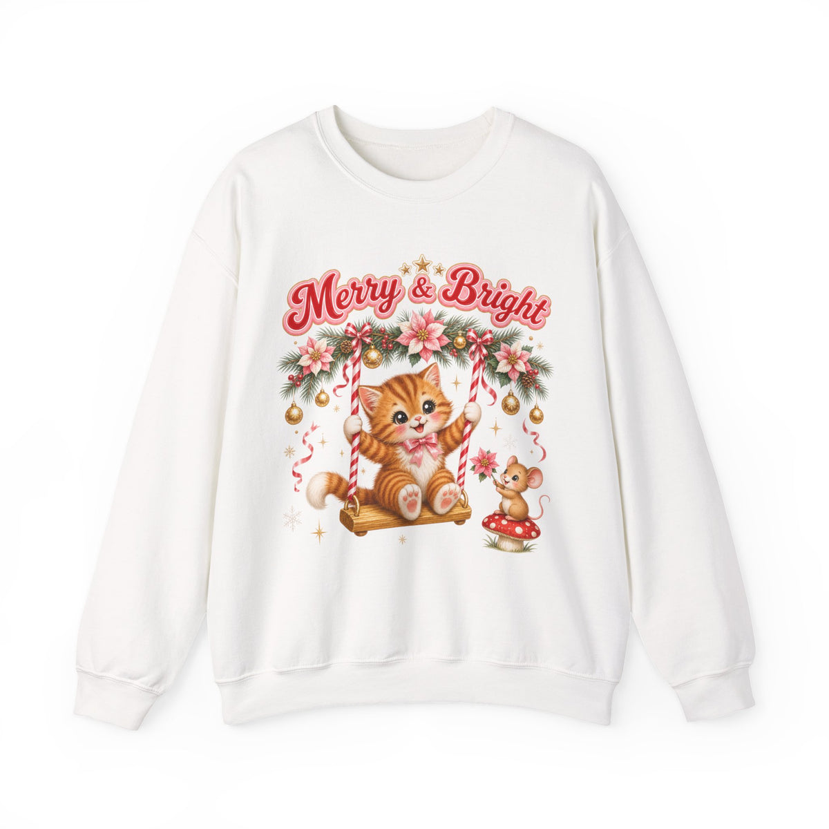 Merry & Bright Christmas Sweatshirt, Vintage Kitten Christmas Jumper