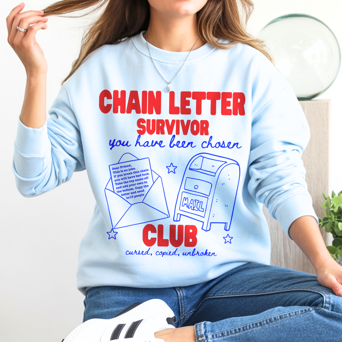 Chain Letter Survivor Club Sweatshirt | 90s Nostalgia Graphic Jumper