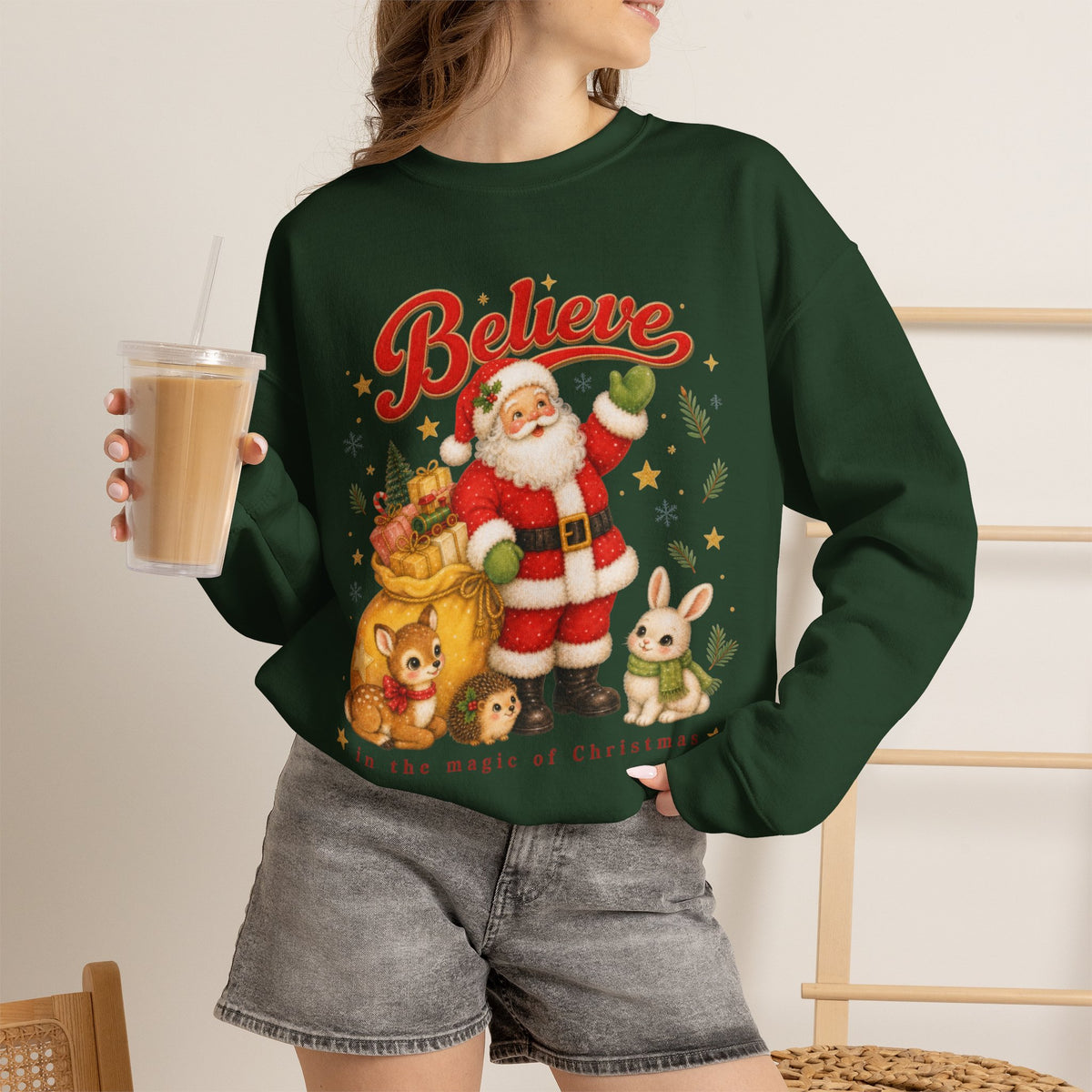 Vintage Christmas Santa Sweatshirt, Retro Animal Christmas Jumper