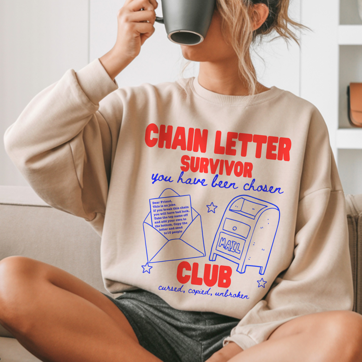 Chain Letter Survivor Club Sweatshirt | 90s Nostalgia Graphic Jumper