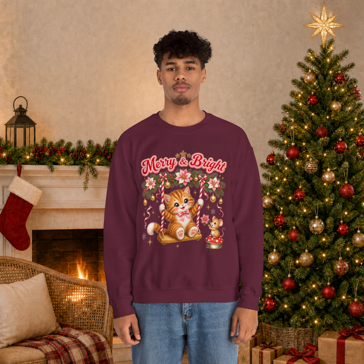 Merry & Bright Christmas Sweatshirt, Vintage Kitten Christmas Jumper
