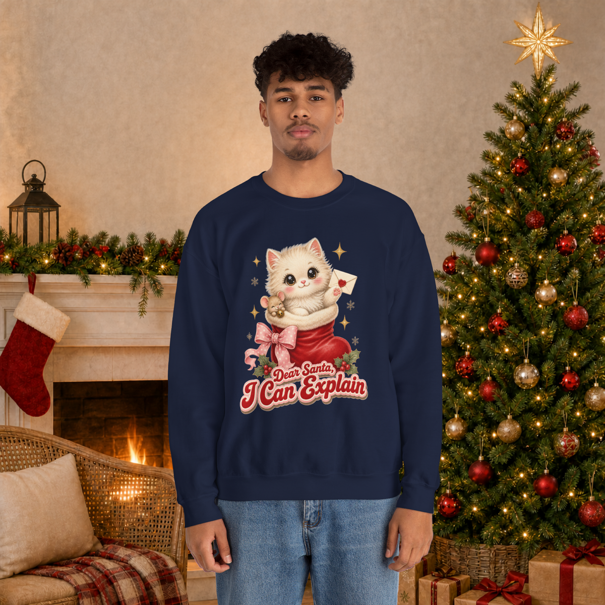 Dear Santa I Can Explain Sweatshirt, Vintage Christmas Cat Jumper
