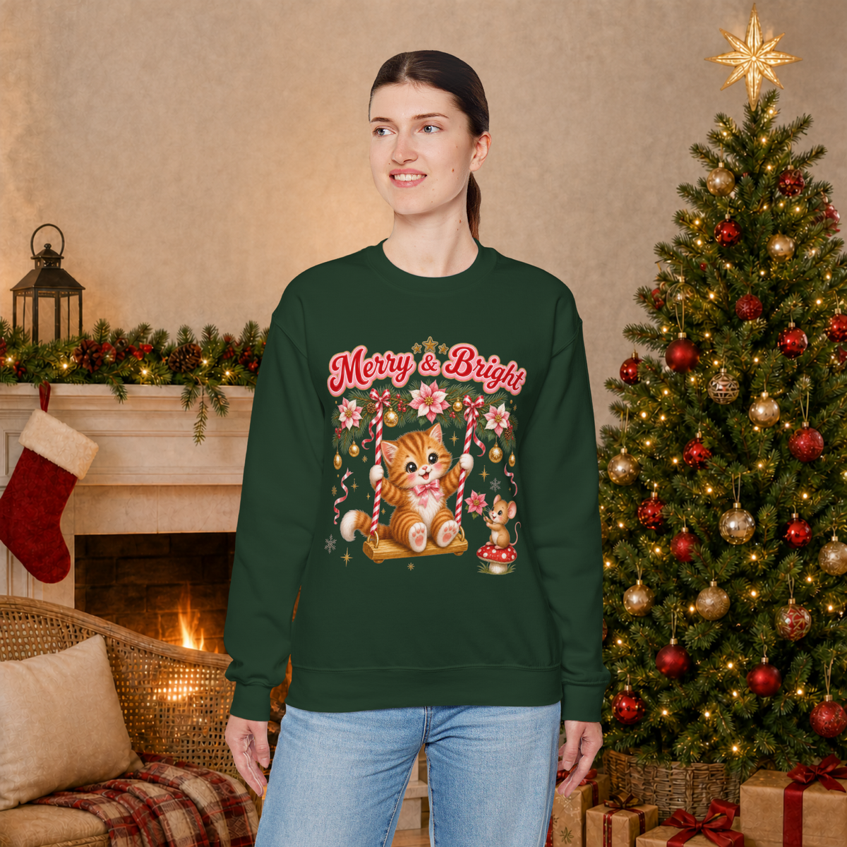 Merry & Bright Christmas Sweatshirt, Vintage Kitten Christmas Jumper