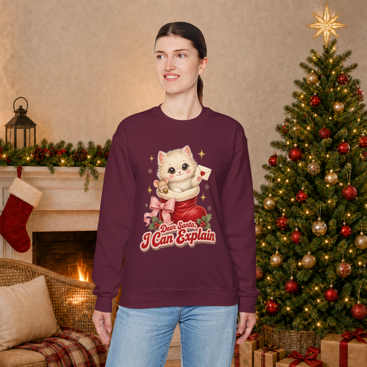 Dear Santa I Can Explain Sweatshirt, Vintage Christmas Cat Jumper