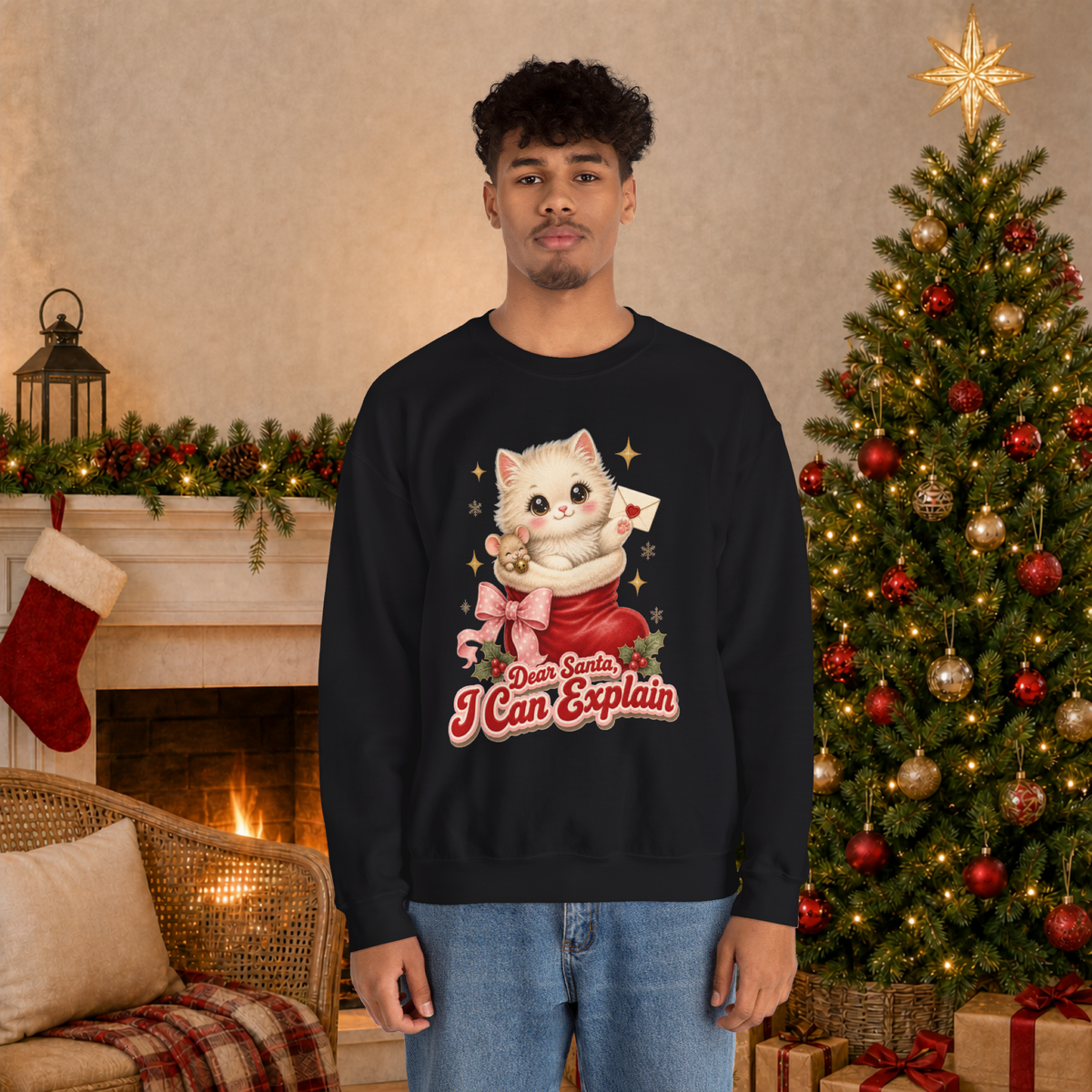 Dear Santa I Can Explain Sweatshirt, Vintage Christmas Cat Jumper