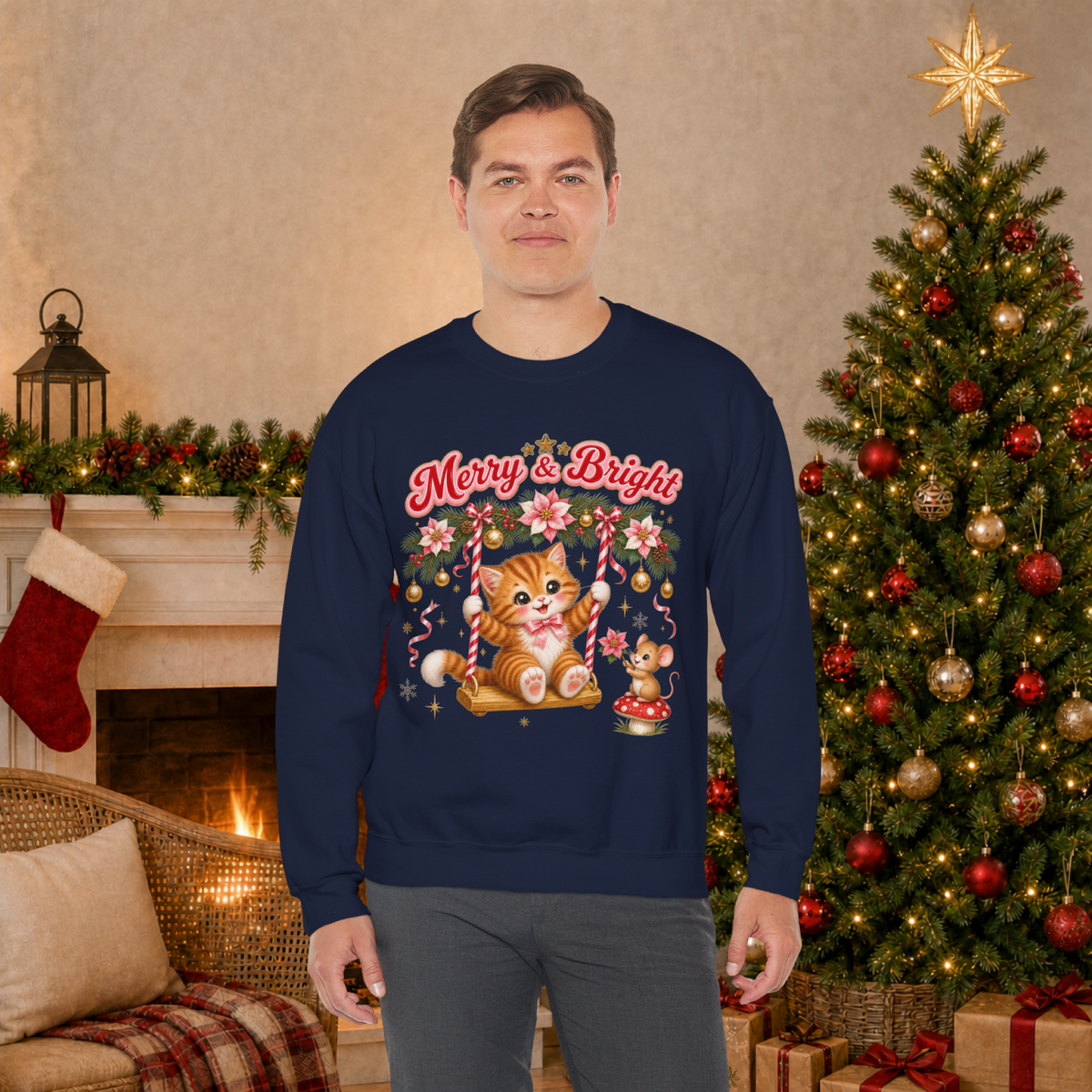 Merry & Bright Christmas Sweatshirt, Vintage Kitten Christmas Jumper