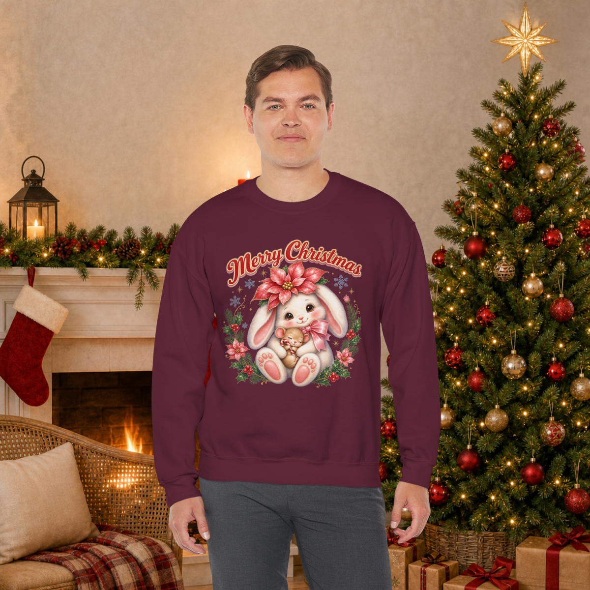 Vintage Christmas Bunny Sweatshirt, Retro Rabbit Christmas Jumper