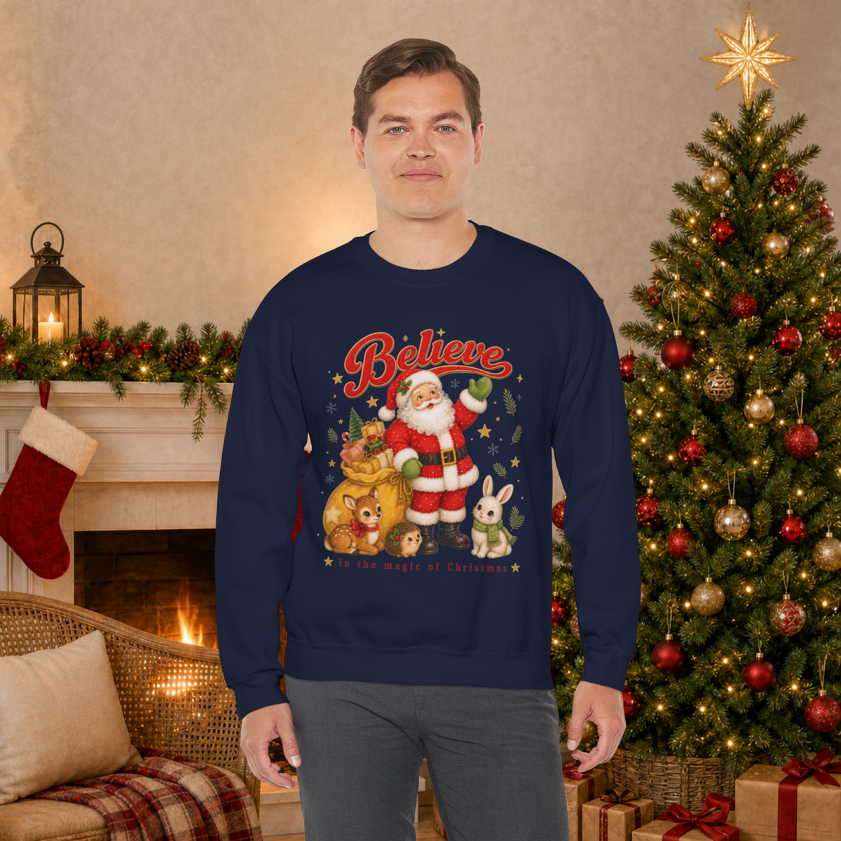 Vintage Christmas Santa Sweatshirt, Retro Animal Christmas Jumper
