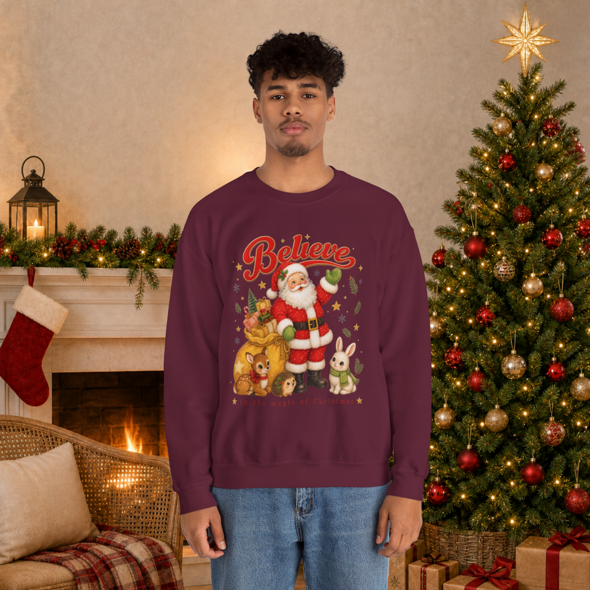 Vintage Christmas Santa Sweatshirt, Retro Animal Christmas Jumper
